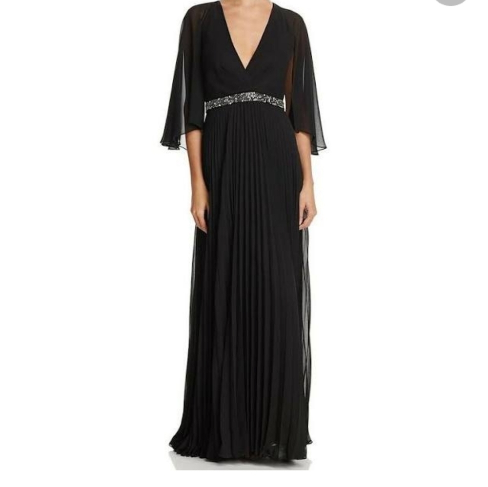 𝅺Laundry by Shelli Segal Women's Black V Neck Cape Sleeve Chiffon Evening Gown